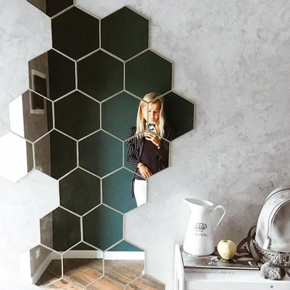 12-Piece Hexagon Mirror Wall Sticker Set