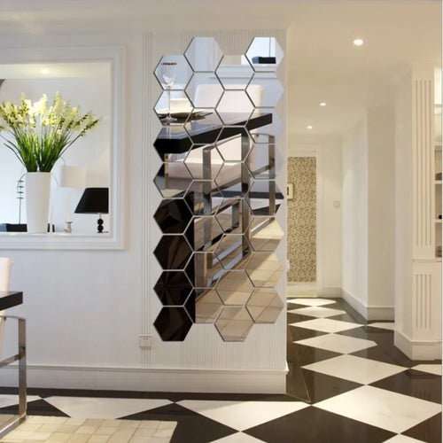 12-Piece Hexagon Mirror Wall Sticker Set