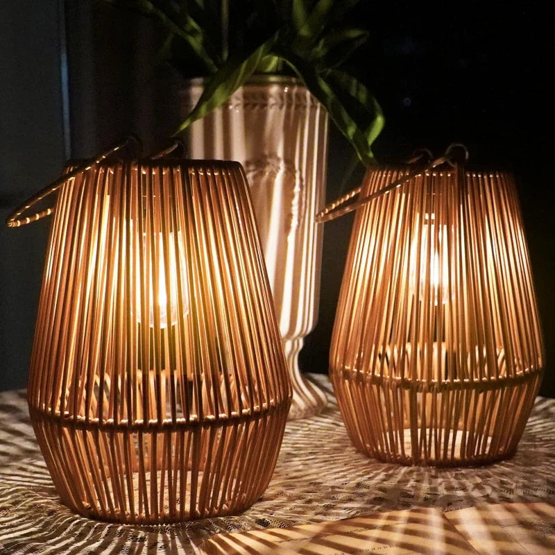 Solar-Powered Rattan Lantern for Outdoor Ambience