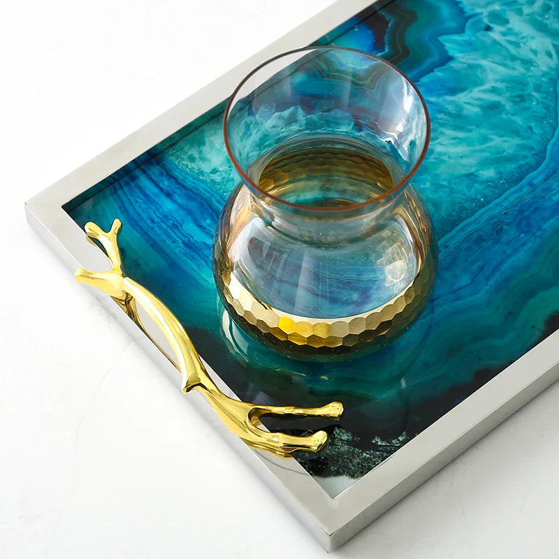 Elegant Blue Agate Tray — Handcrafted Decorative Serving & Display Tray