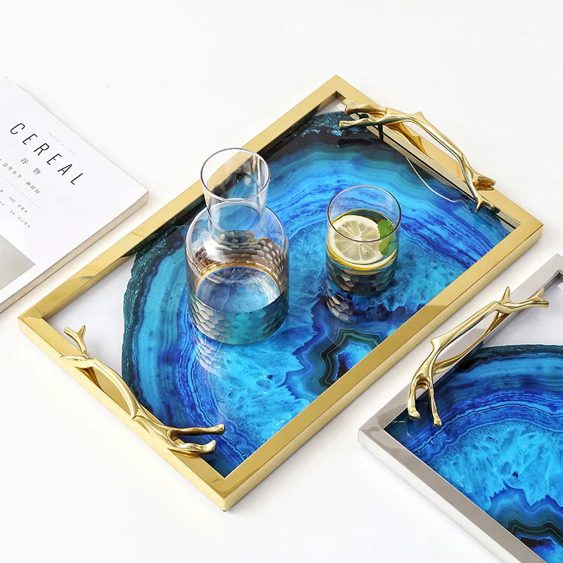 Elegant Blue Agate Tray — Handcrafted Decorative Serving & Display Tray
