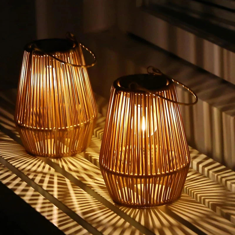 Solar-Powered Rattan Lantern for Outdoor Ambience