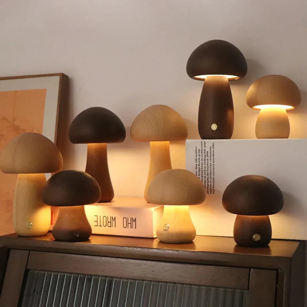 Handcrafted Wooden Mushroom Lamp for Cozy Glow