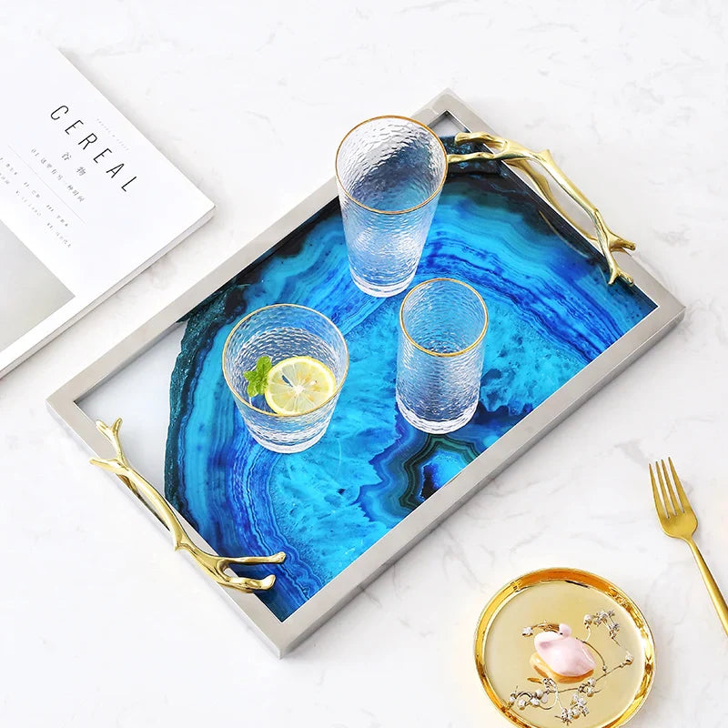 Elegant Blue Agate Tray — Handcrafted Decorative Serving & Display Tray