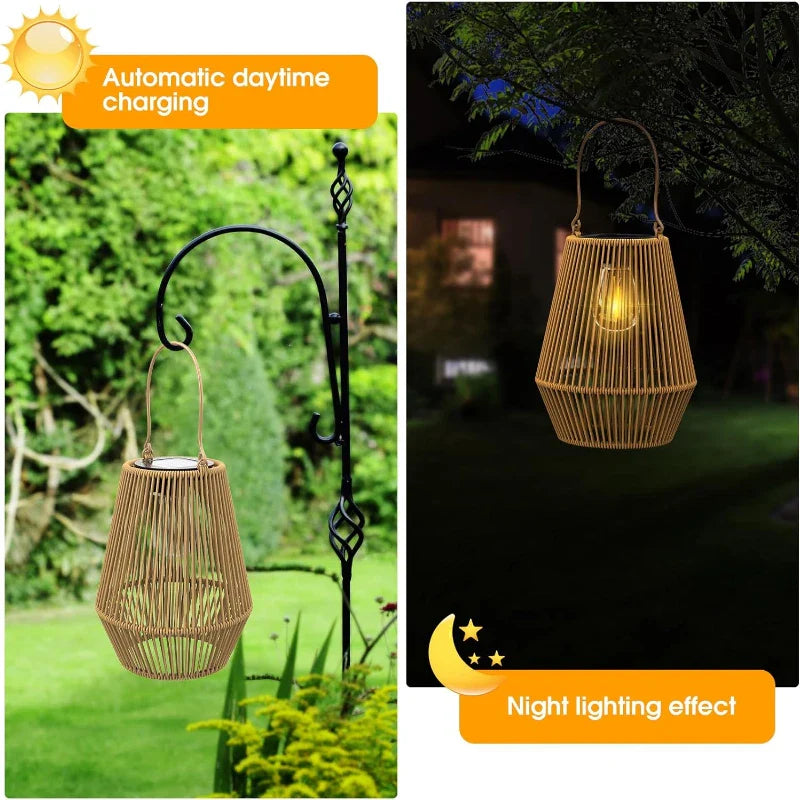 Solar-Powered Rattan Lantern for Outdoor Ambience