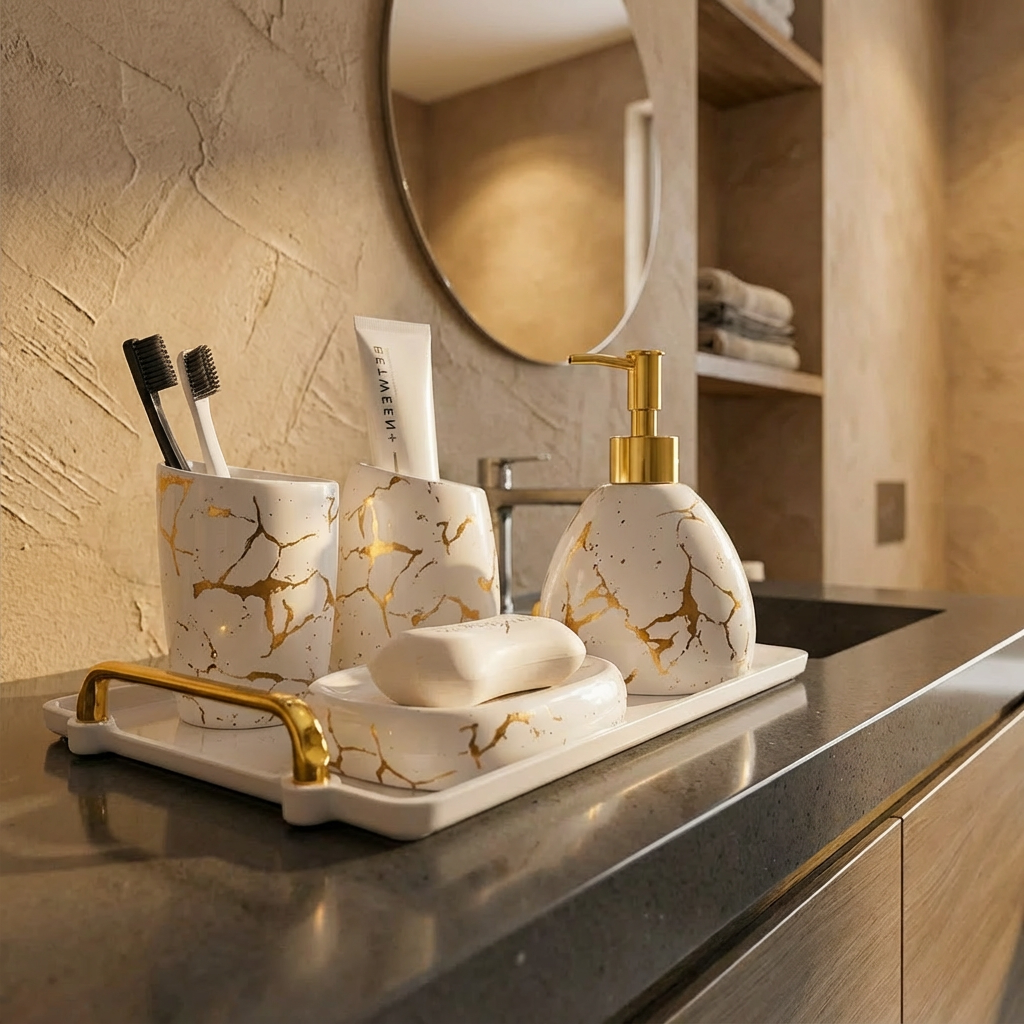 Marble Bliss 5-Piece Marble-Accented Bathroom Accessories Set