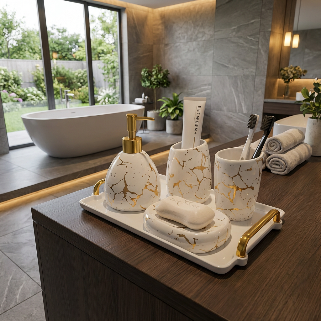 Marble Bliss 5-Piece Marble-Accented Bathroom Accessories Set