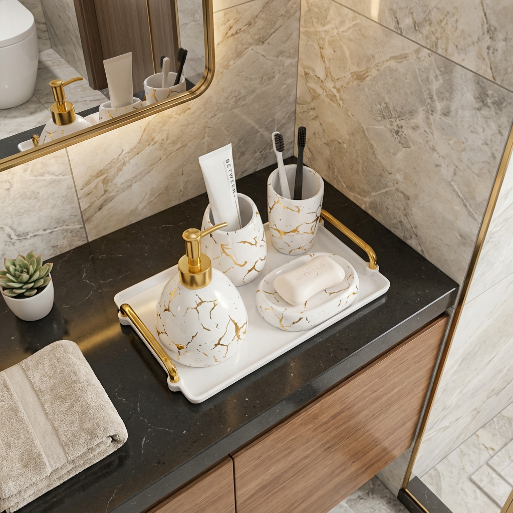 Marble Bliss 5-Piece Marble-Accented Bathroom Accessories Set