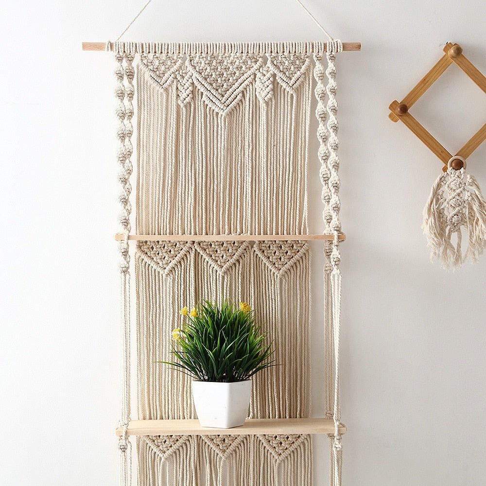 Handwoven Macrame Floating Wood Shelf for Stylish Wall Decor