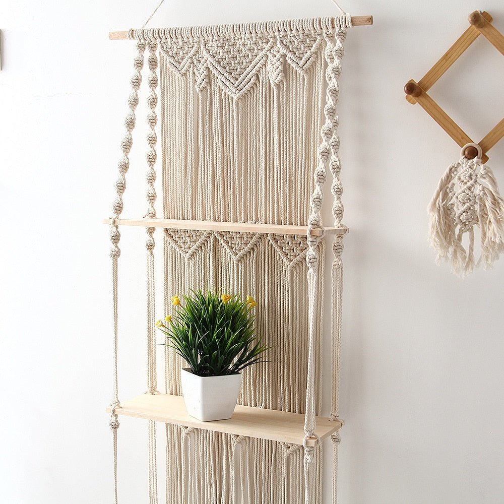 Handwoven Macrame Floating Wood Shelf for Stylish Wall Decor