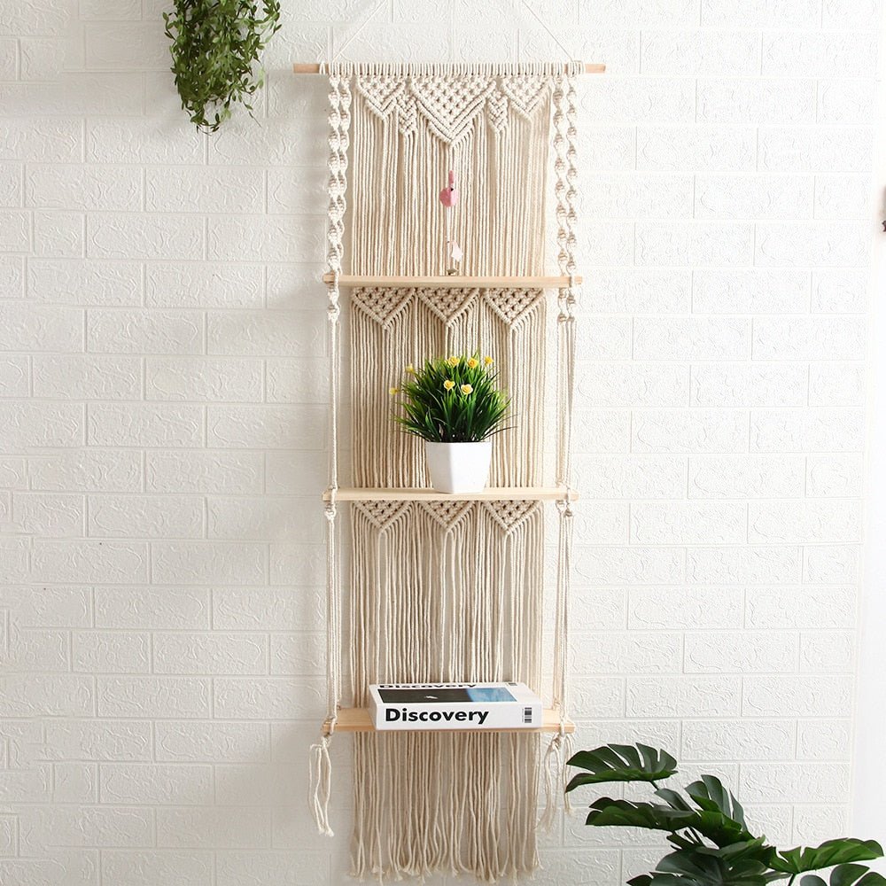 Handwoven Macrame Floating Wood Shelf for Stylish Wall Decor