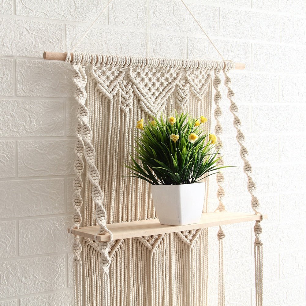 Handwoven Macrame Floating Wood Shelf for Stylish Wall Decor
