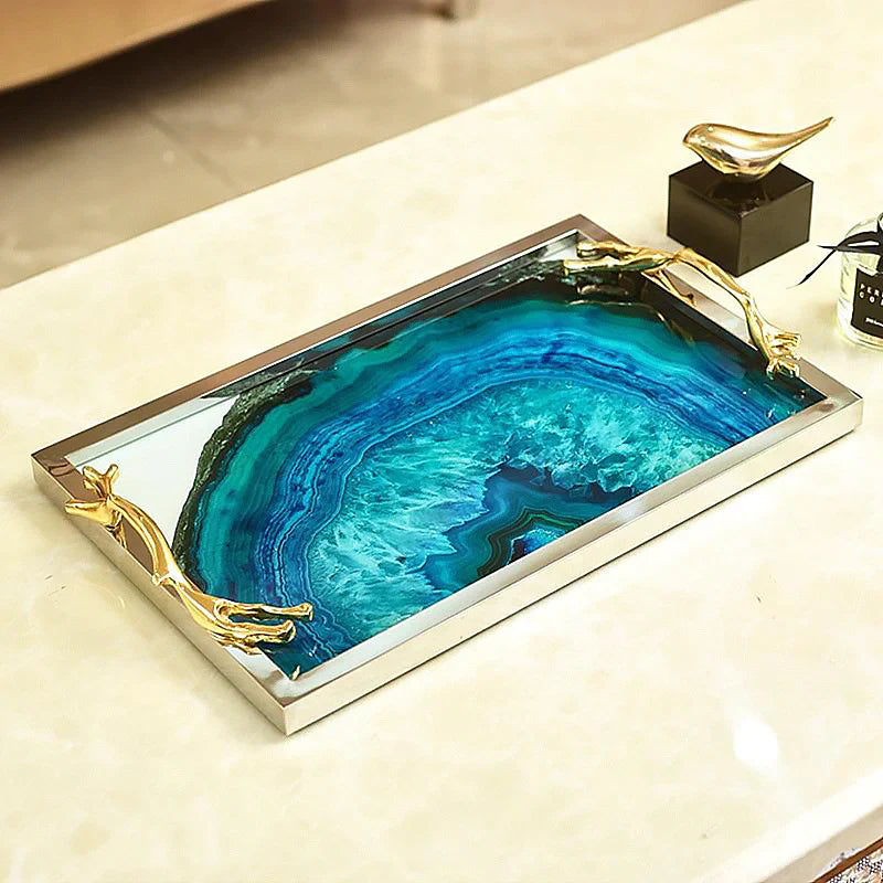 Elegant Blue Agate Tray — Handcrafted Decorative Serving & Display Tray